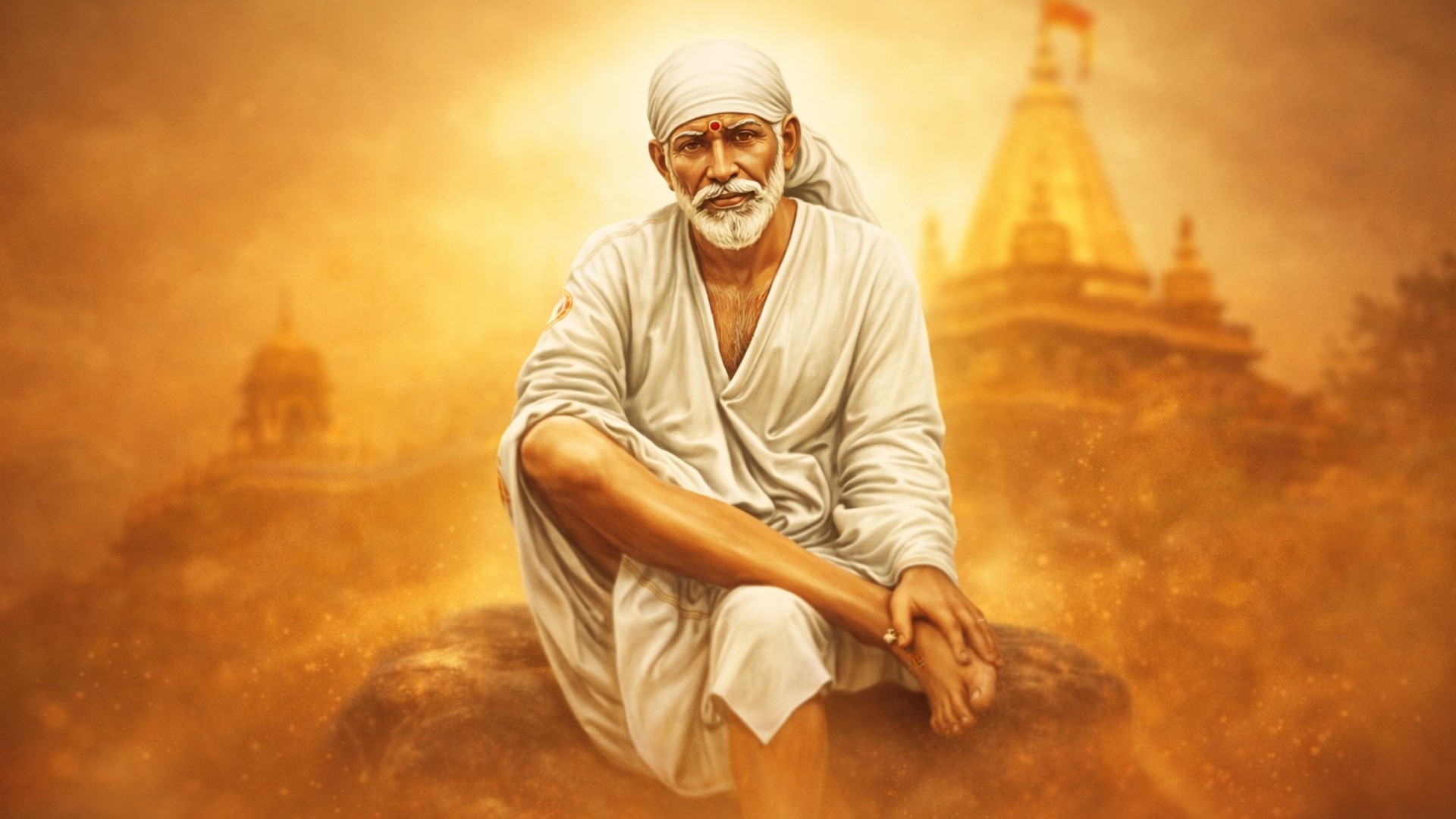 Shirdi Sai Baba sitting on stone HD photo wallpaper